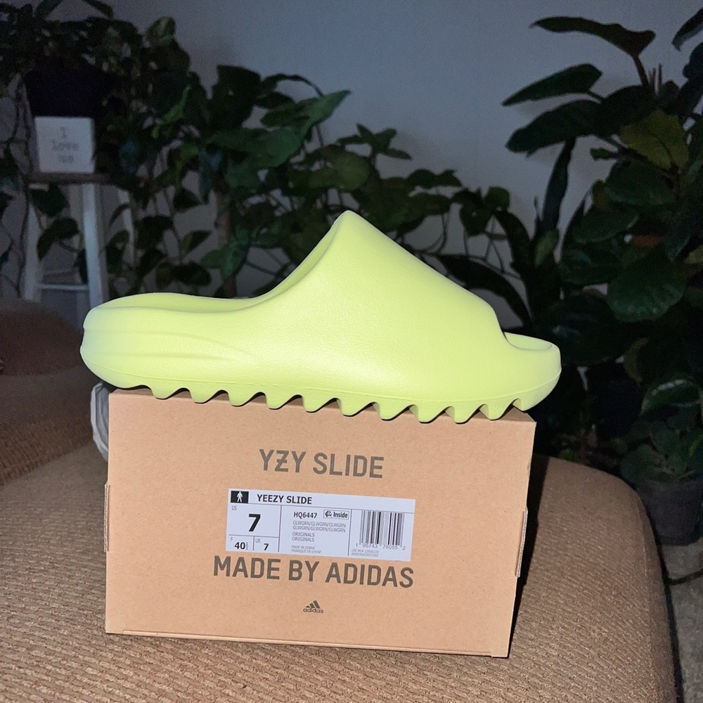 GLOW GREEN YEEZY SLIDES